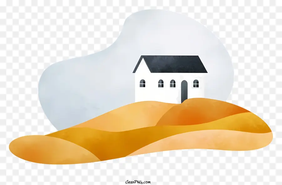 Haus auf einer Hügelsonne, das auf Haus weißes Haus weißes Haus weißes Dach kleines Haus auf einem Hügel - Sonnenbefehlsweißes Haus auf einem Hügel, Aquarell