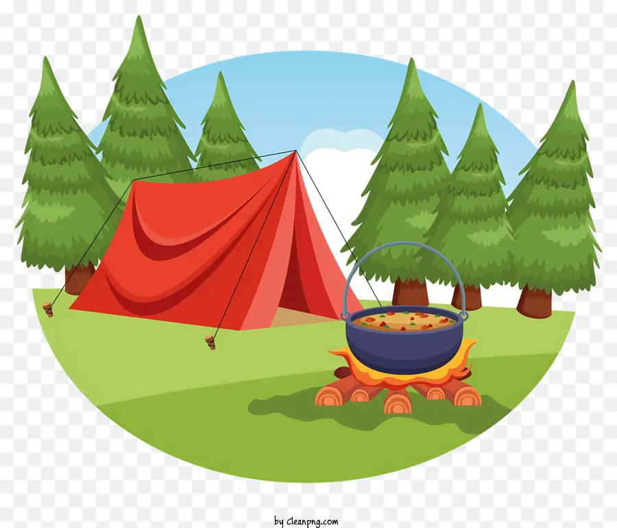 Tenda da campeggio da cucina in pentola legna da ardere - Scena di campeggio brillante con tenda, legna da ardere e alberi