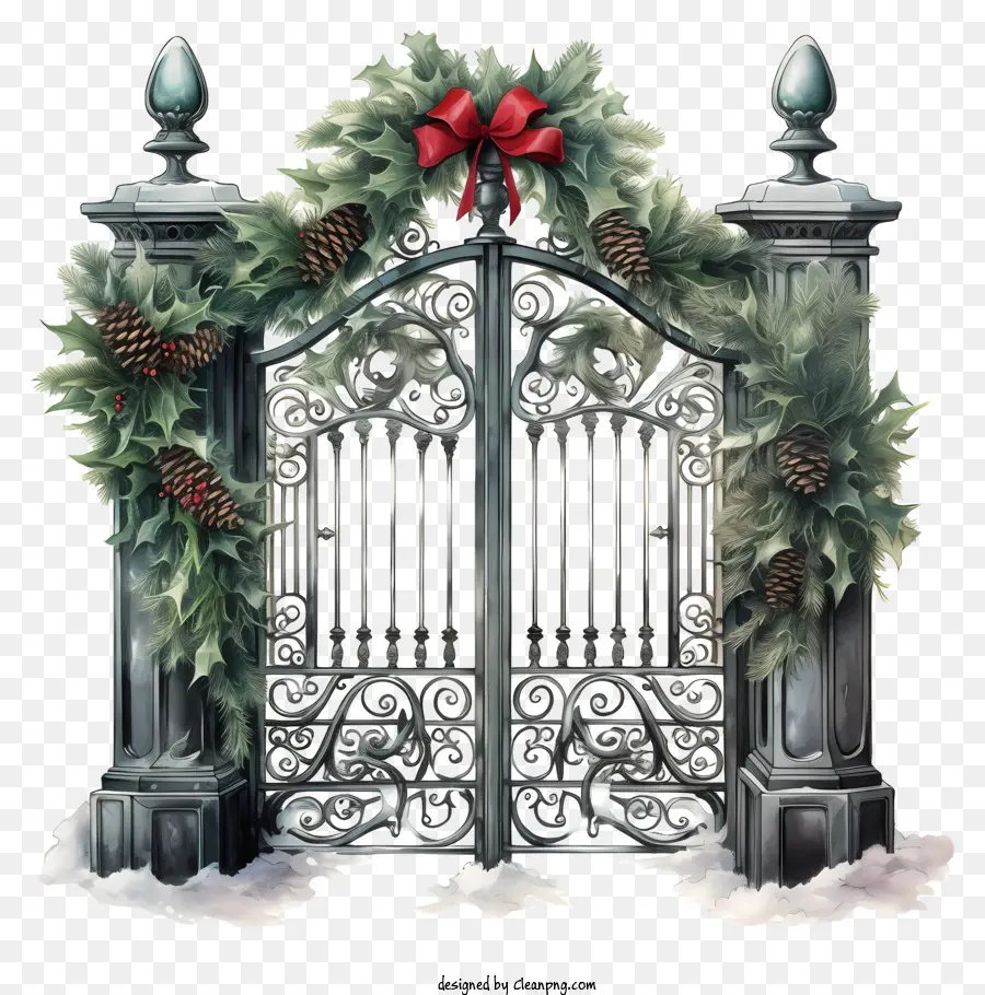 metal gate decorative wreaths bows fir trees pine cones