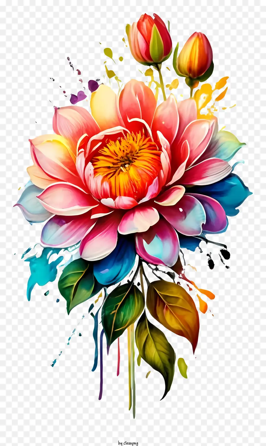 pittura floreale - Dipinto di fiori colorati su sfondo nero con schizzi
