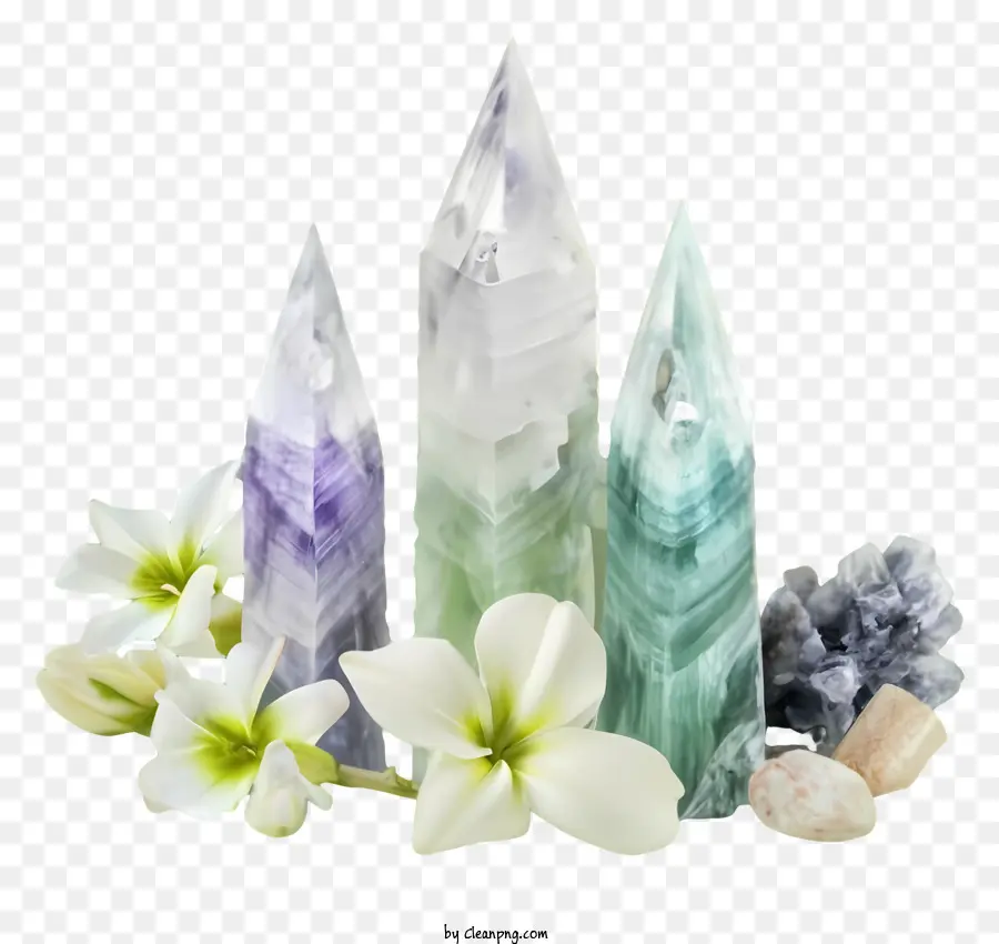 Kristalle Farben grün kristallviolett kristallblau Kristall - Drei farbige Kristalle, umgeben von weißen Blumen umgeben