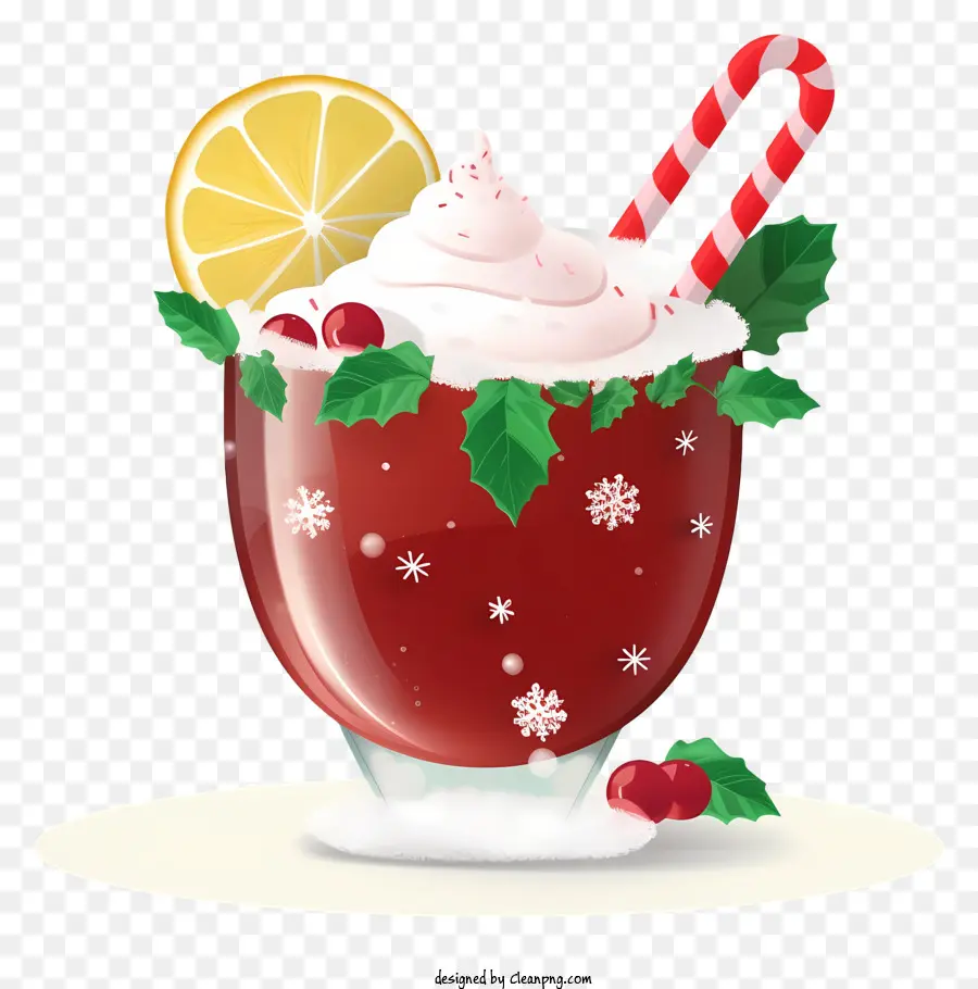bastoncino di zucchero - Bevanda festiva con bicchiere rosso, panna montata, ciliegie, canna da caramelle