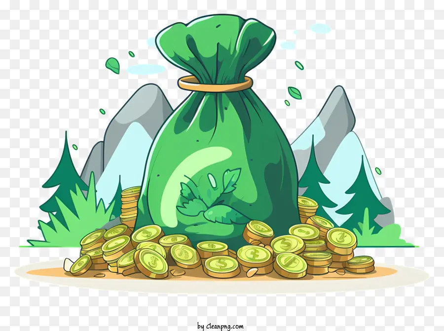 Münzsammlung Geld sparen Vermögen Akkumulation Finanzinvestitionen Grüne Beutel voller Münzen - Grüne Beutel mit Münzen auf dem Waldboden gefüllt