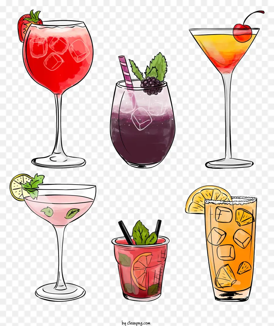 Bunte Getränke Martini Glass Stemmed Glass Obst garnieren Cocktailglas - Farbenfrohe Getränke mit verschiedenen Alkohol, Garnieren und Brille