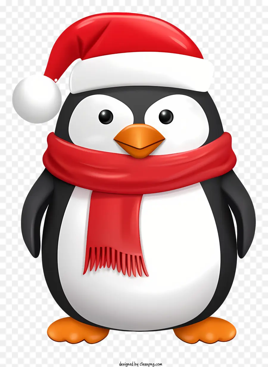 santa Hut - Cartoon -Pinguin mit rotem Schal und Weihnachtsmütze