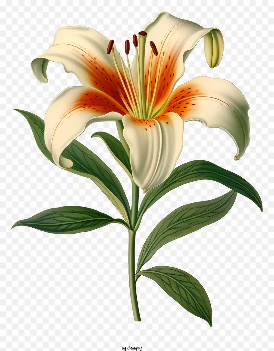white lily orange petals yellow center green leaves black background