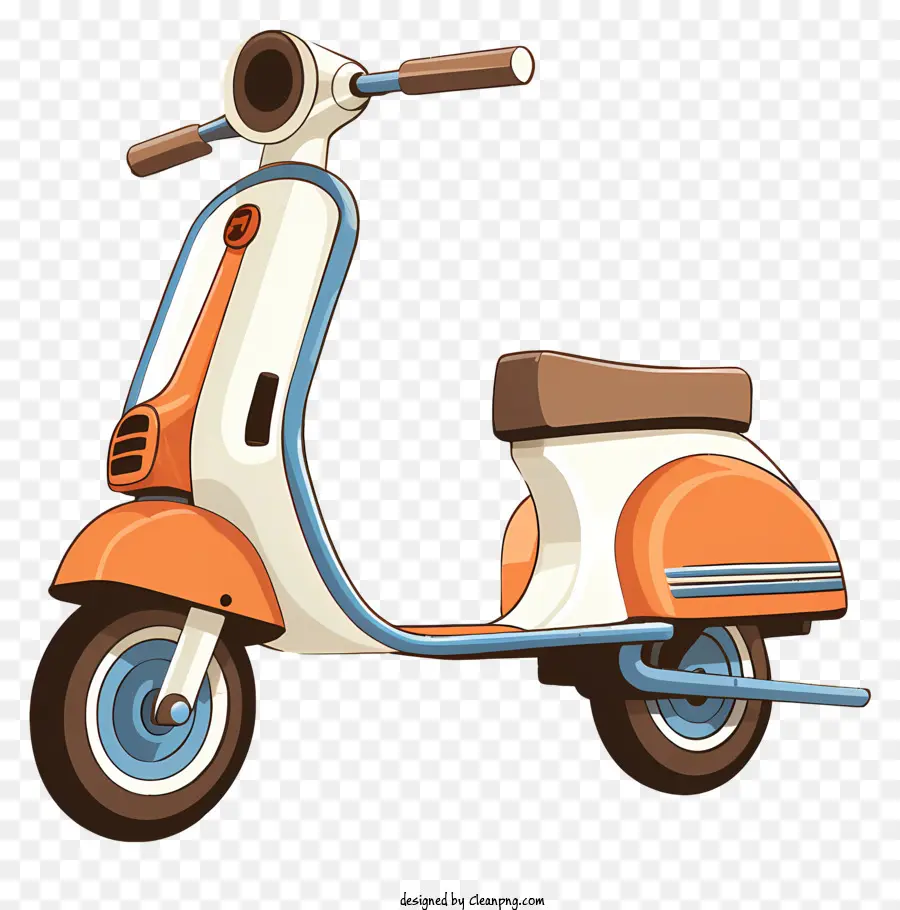 orange and white moped blue seat round headlight black rear tire blue handlebars