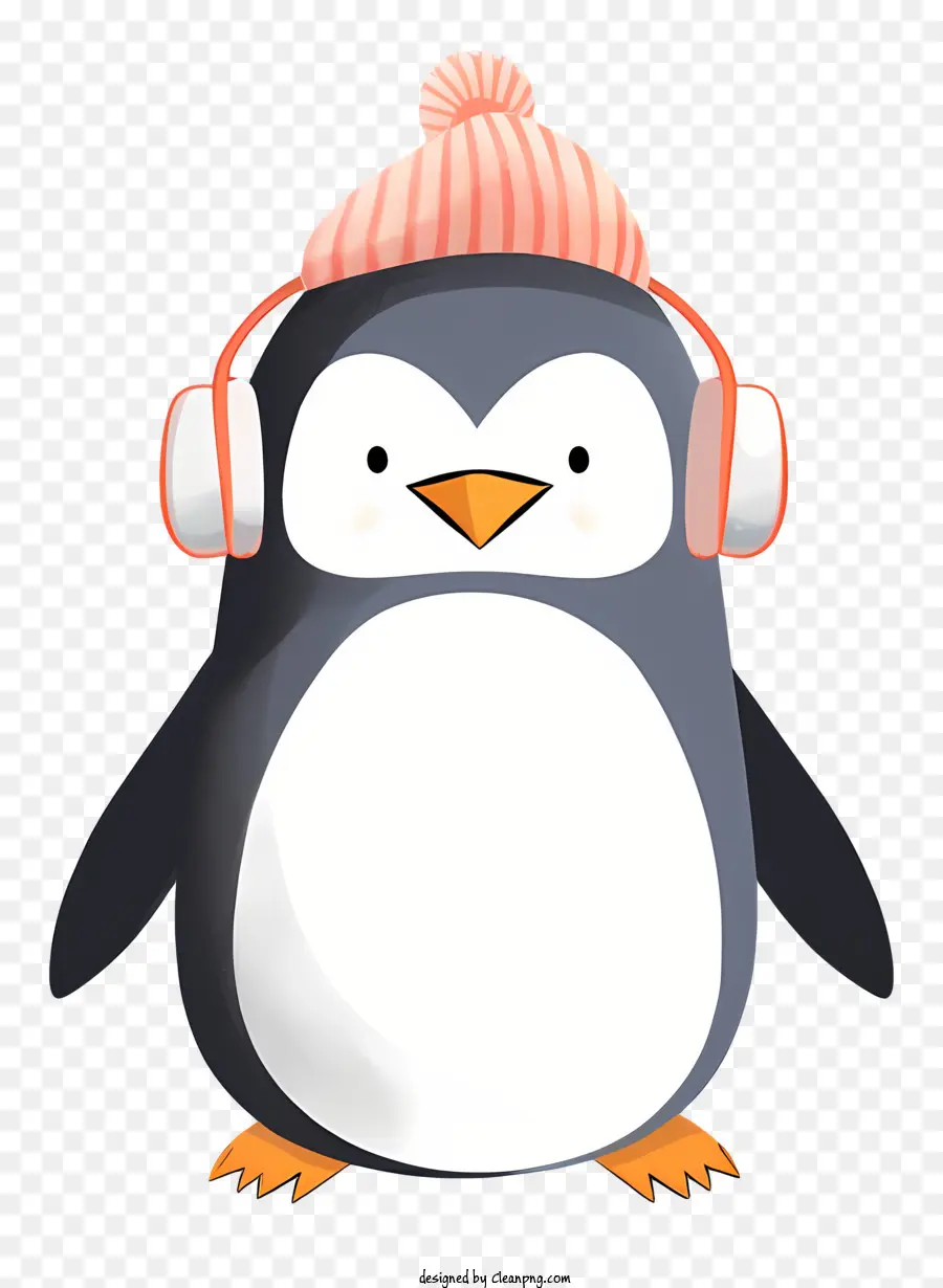 Pinguin - Penguin trägt rosa Mütze, hört Musik zu