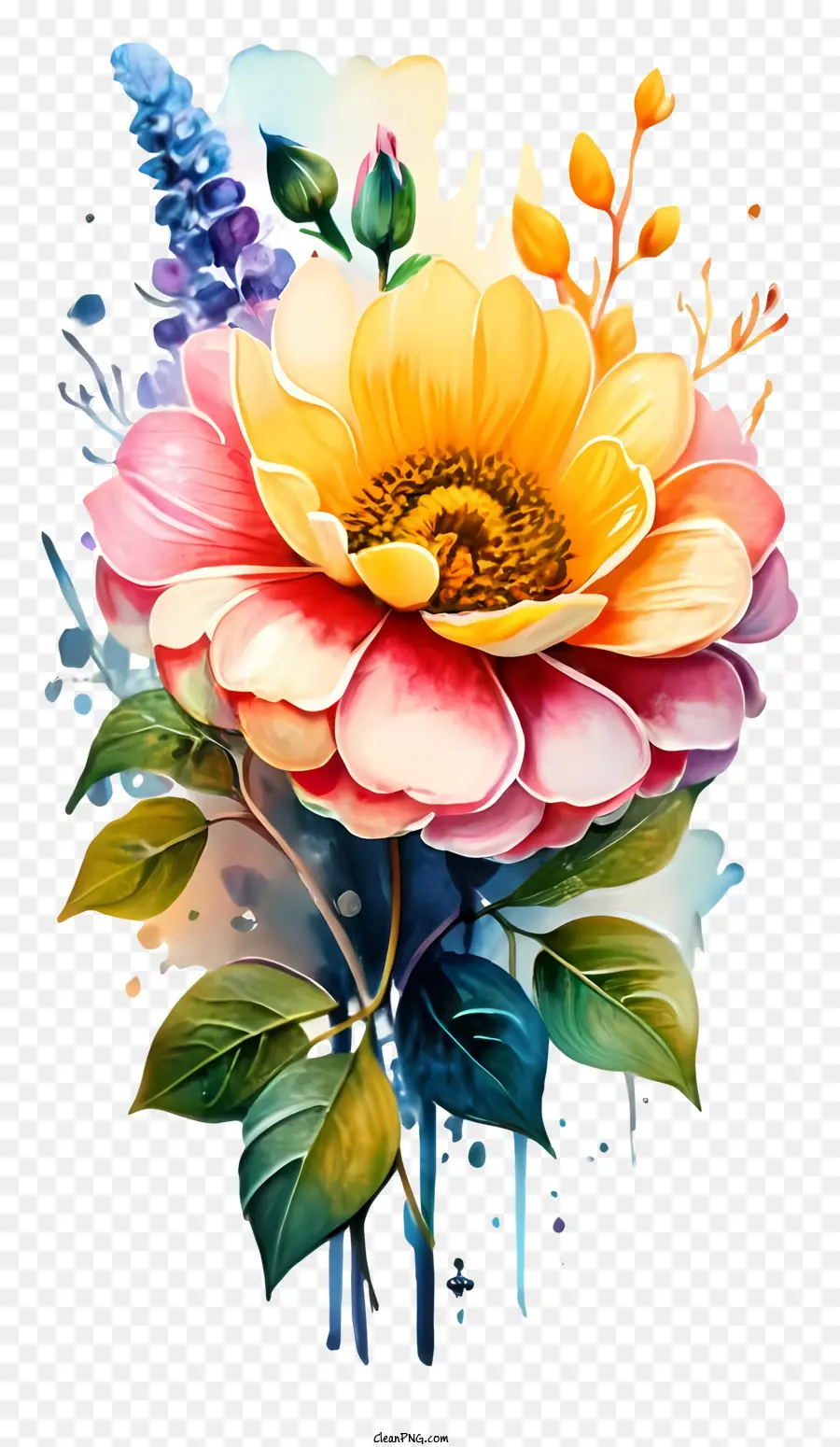 Blume Malerei - Lebendiges Sonnenblumenmalerei mit blauen Tröpfchen, impressionistischer Stil