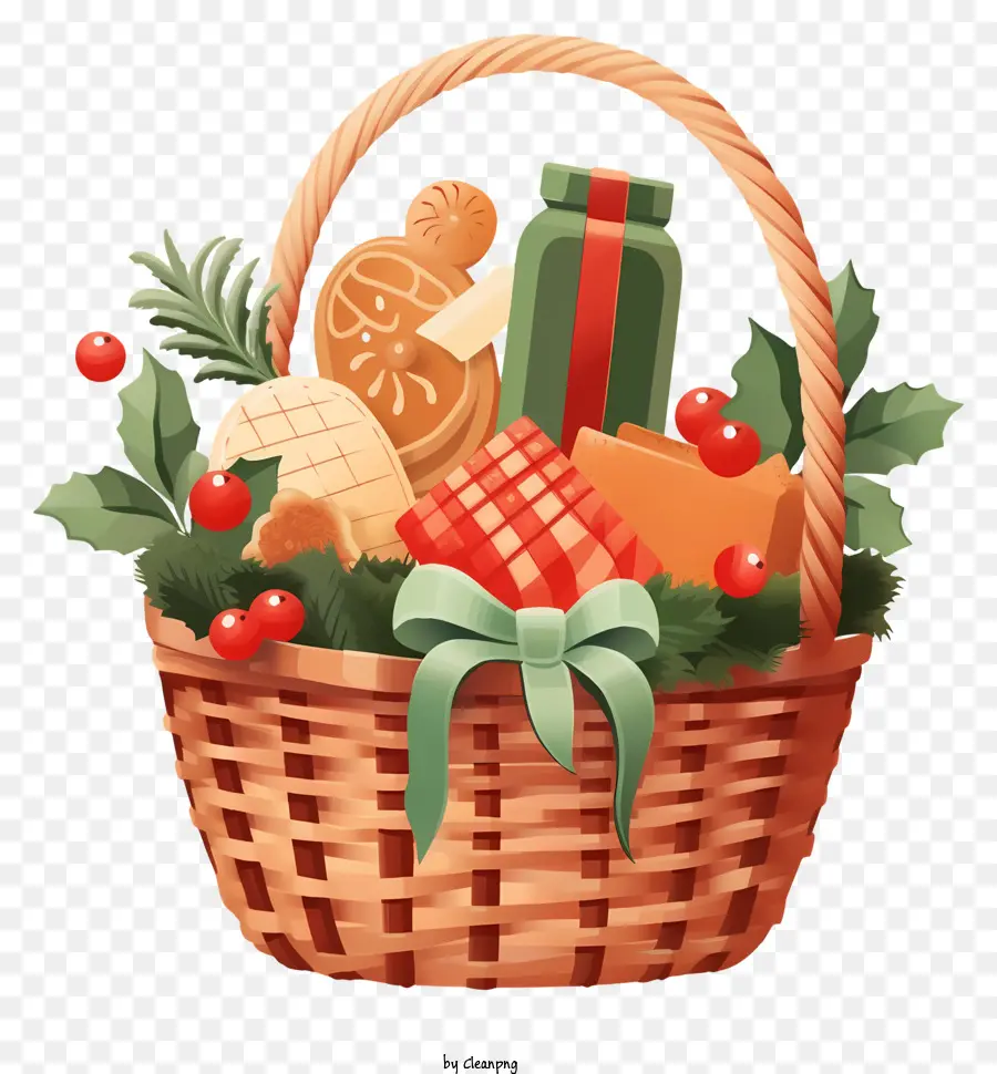 wicker basket holiday treats sprig of holly cinnamon sticks pinecones