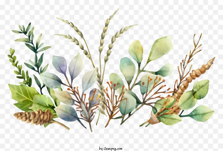 Aquarellmalerei Pflanzen Kiefernnadeln Tinekones Zweige - Aquarellmalerei von Pflanzen auf schwarzem Hintergrund