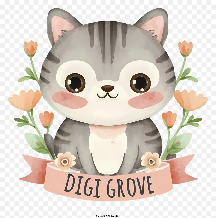 grey and white kitten cartoon illustration wreath of flowers fluffy cat pink nose