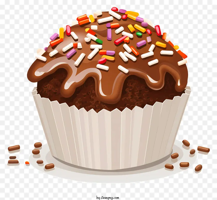 Schokoladen -Cupcake -Cupcake mit Streusel Schokoladen -Zuckerguss -Streusel auf Cupcakes Schokoladendessert - Schokoladen -Cupcake mit Streuseln auf weißem Teller