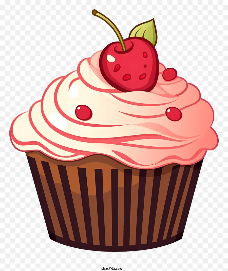 Schokoladen -Cupcake rosa Zuckergusskirsche auf rotem Kirschweißplatte - Schokoladen -Cupcake mit rosa Zuckerguss und Kirsche