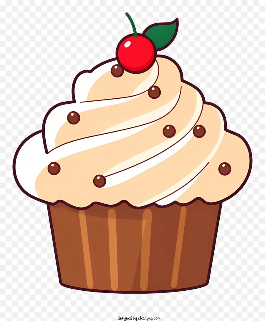 Cupcake weiße Zuckergussschokoladenchips Kirschschwarz Hintergrund - Cupcake mit weißem Zuckerguss und Kirsche oben