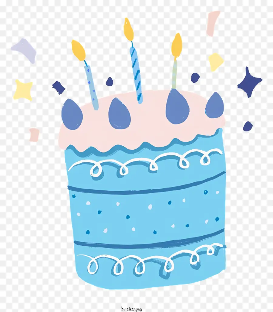 blaue Geburtstagstorte zündete Kerzen Geburtstagstorte mit Kerzen Konfetti und Kuchen dekorierte Geburtstagstorte - Blaue Geburtstagstorte mit brennenden Kerzen und Konfetti