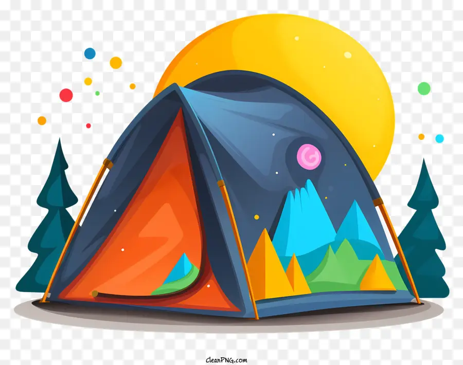 Cartoon Zelt Bild Nachthimmelblau Zelt Orange Stoff Zelt weiße Stangen - Buntes Cartoon -Zelt unter heller Sonne