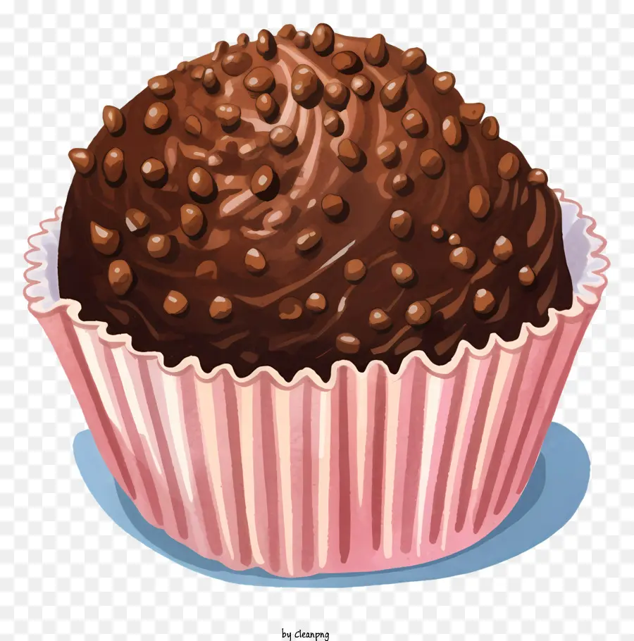 Schokoladen -Cupcake -Cupcake mit Schokoladenchips rosa Foam Realistischer Schokoladen -Schokoladen -Cupcake - Realistischer Schokoladencupcake mit Schokoladenchips oben