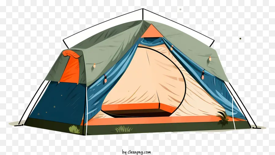 Zeltklappe Cartoon Blue Tent Green Zelt - Cartoon -Zelt mit offener Klappe vor schwarzem Hintergrund