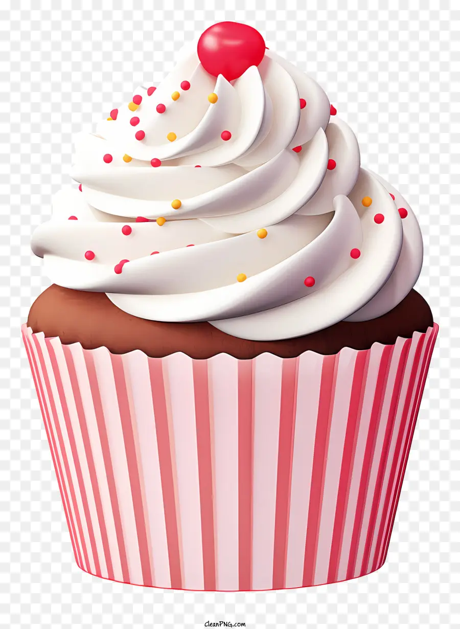 Cupcake Glaxing Stripes rosa Bruci bianchi Glassa di zucchero rosso Sprinkles - Cupcake a strisce rosa con glassa bianca e ciliegia