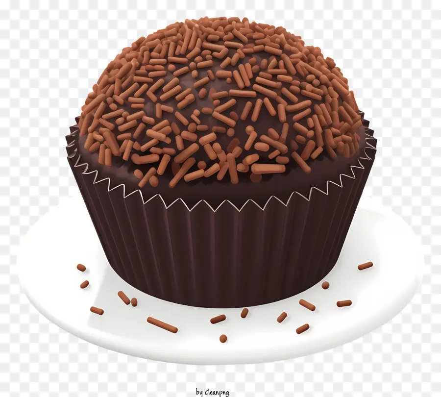 chocolate cupcake chocolate frosting chocolate chips plate smooth surface