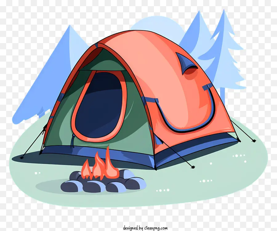 camping tent fire pit green tent frame orange fabric tent rocks around fire pit