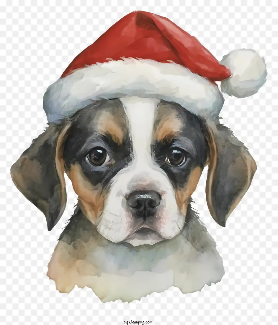 painting of a beagle santa hat on beagle curious expression on beagle perked ears on beagle black and white painting