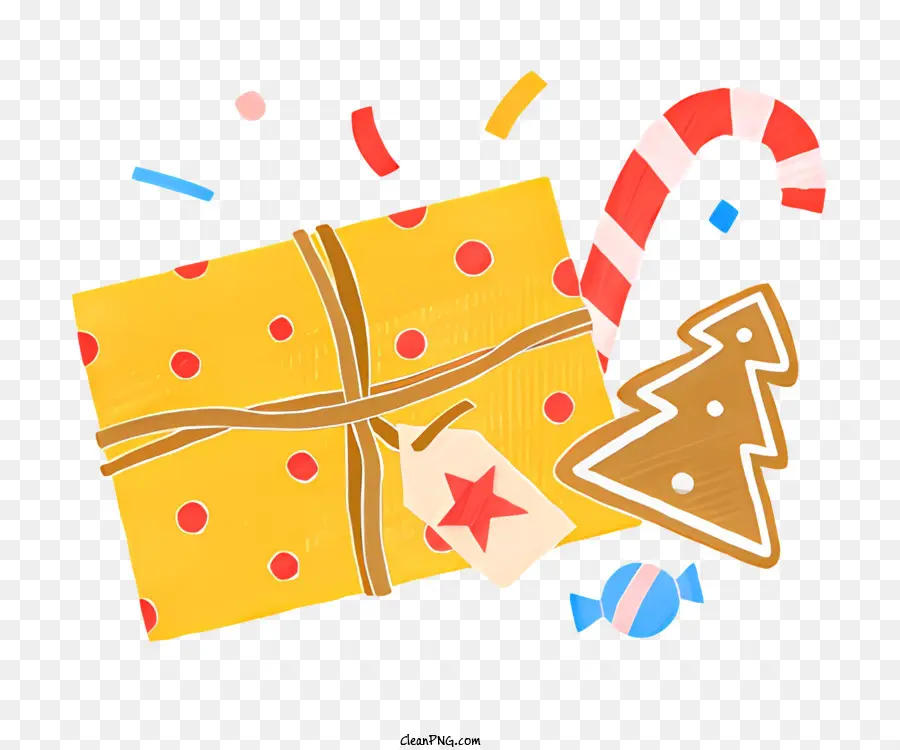 Weihnachtsgeschenk - Gelbes Geschenk mit Süßigkeitenstöcken und Konfetti