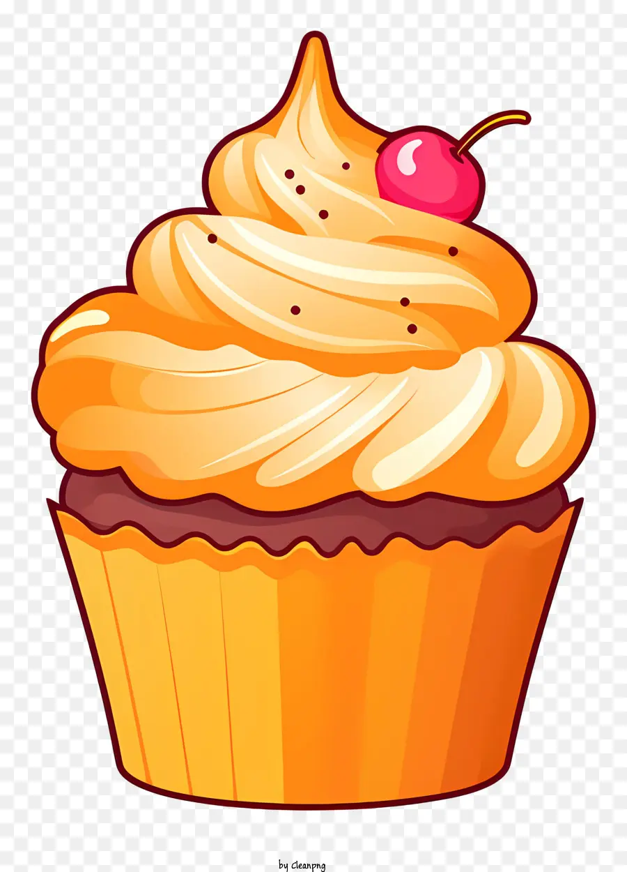 Cupcake anh đào kem phủ kem sô cô la màu vàng - Cupcake với anh đào, phủ sương, sô cô la chip, nền đen