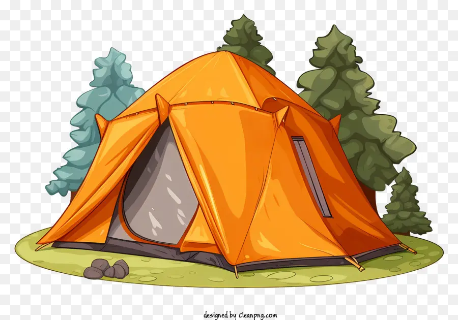 orange tent forest trees open tent flap