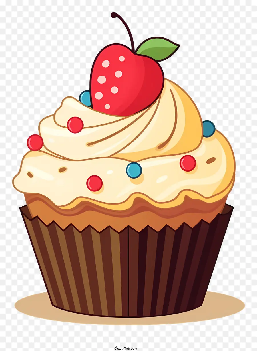 Cupcake al cioccolato glassa bianca spruzzi colorati di zucchero rosso ciliegia - Immagine in bianco e nero del cupcake al cioccolato