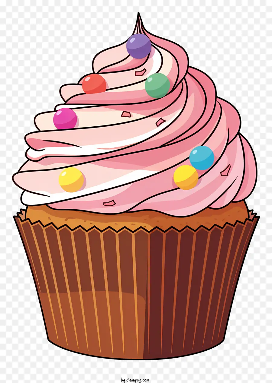 rotem Rand - Cartoon rosa Cupcake mit Schokoladenglasur, Streusel und Kirsche