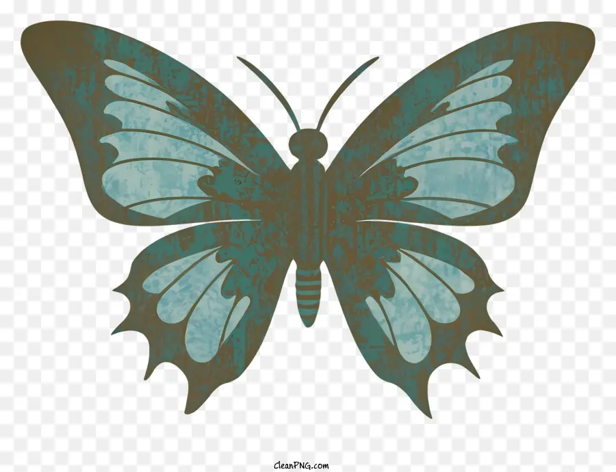 Flügel - Großer blauer Schmetterling mit orangefarbenen Flecken, gekräuselten Körper, Spreizflügeln, auf schwarzem Hintergrund