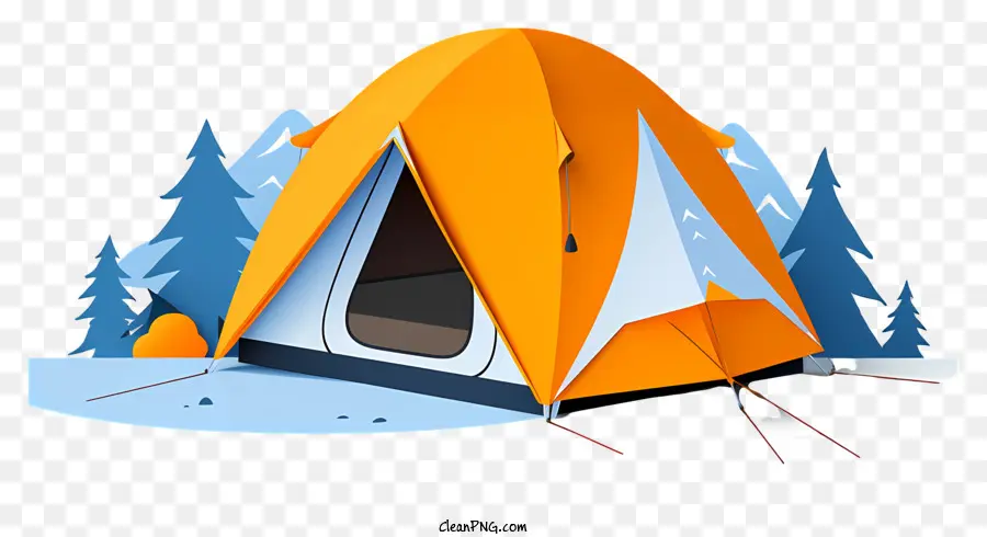 Tenda da campeggio in tela arancione Tenda da campo da campeggio all'aperto campeggio - Tenda accogliente nel campeggio innevato con persona nelle vicinanze