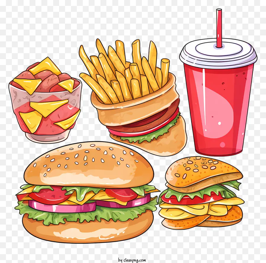 Pommes Frites - Cartoon Fast Food -Artikel auf schwarzem Hintergrund angeordnet