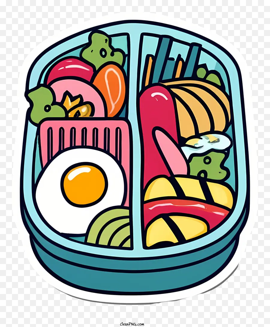 Tipi di vassoio per alimenti per le verdure di pane uova alimentari - Cibo da cartone animato colorato sul vassoio di plastica rettangolare
