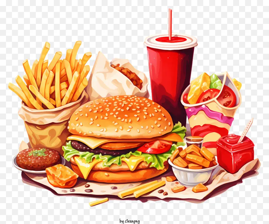 Fast Food Fries Fries Hamburgers Hot Dog Soda - Vibrante scena di fast food con persone che si divertono