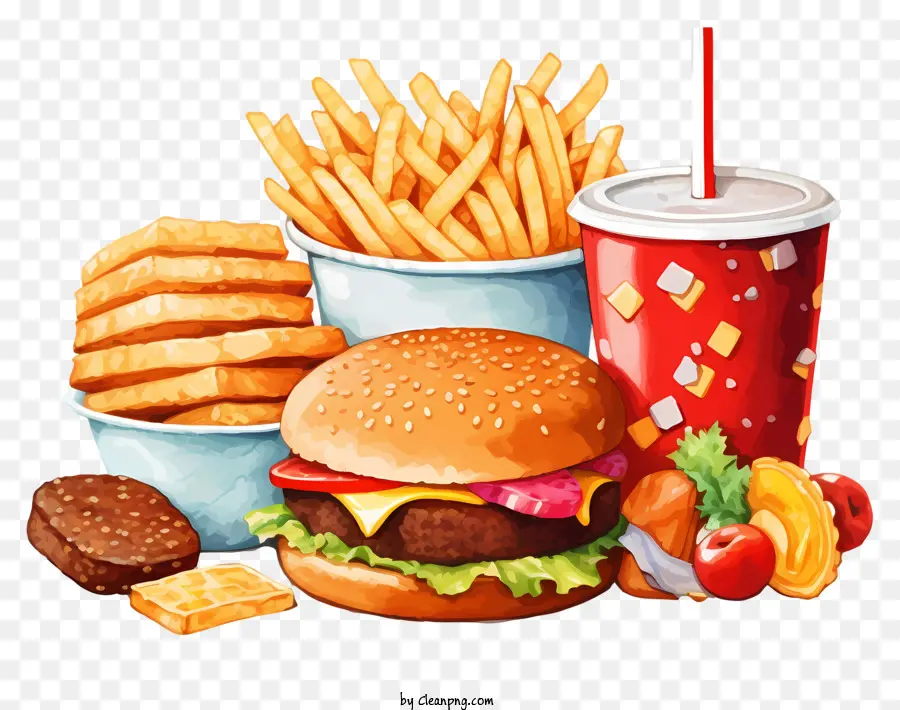 Pommes Frites - Realistisches und ansprechendes Fast -Food -Essen mit Hamburger, Pommes und Soda