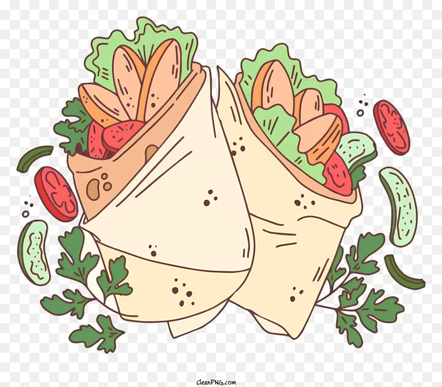 Illustrazione disegnata a mano PITA avvolge i ripieni di pomodori cetrioli - Illustrazione disegnata a mano di avvolgimenti pita piegati con otturazioni