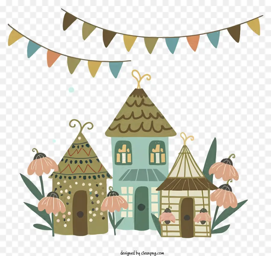 Phim hoạt hình Làng nhỏ Nhà đầy màu sắc Nhà gỗ Trang trí Village Trang trí - Ngôi làng hoạt hình đầy màu sắc với nhà gỗ và đồ trang trí