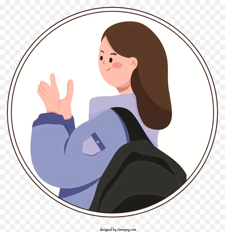young woman hand gesture giving blue jacket backpack