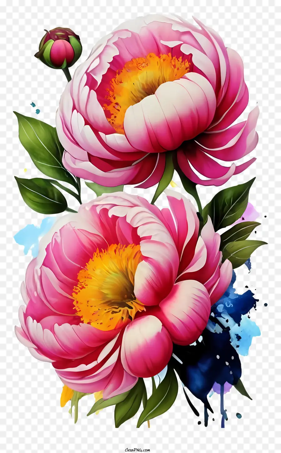 Hoa hồng thân cây màu xanh lá cây rực rỡ lá màu hồng trung tâm màu vàng - Hình ảnh tươi sáng, đầy màu sắc của hai bông hoa màu hồng