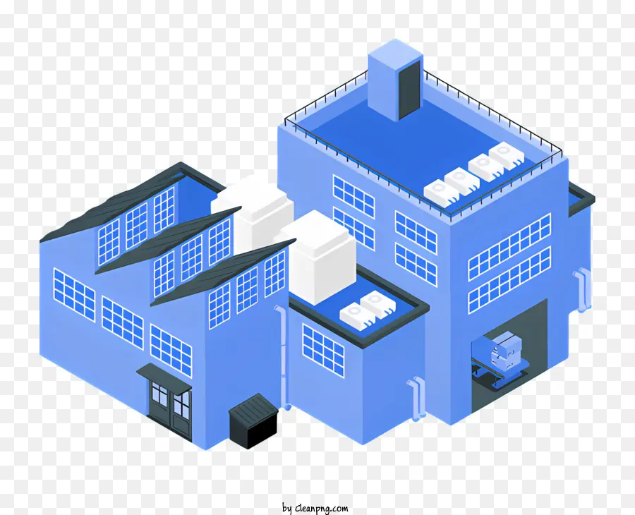 Fabrikgebäude Förderbänder Maschinengerüste Fenster - Blaues Werksgebäude mit Maschinen und Gerüst