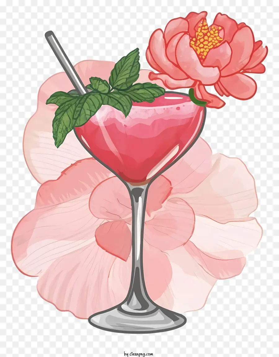 Weinglas - Rosa Cocktail mit Rosengarnier und Blumenhintergrund