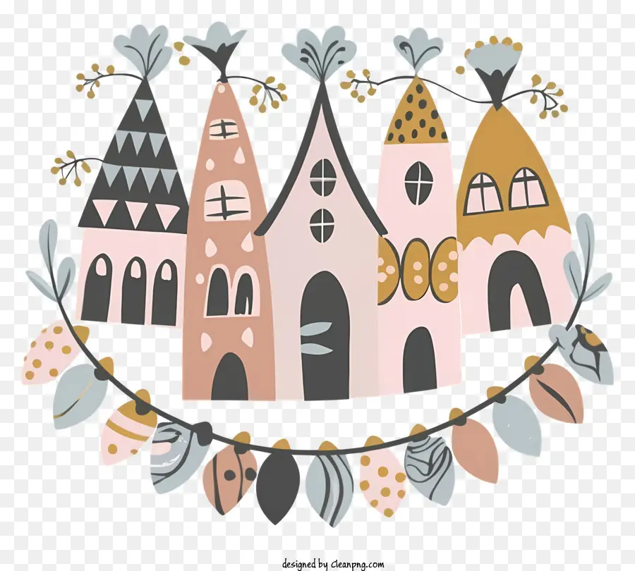 cartoon city small houses trees cute style colorful