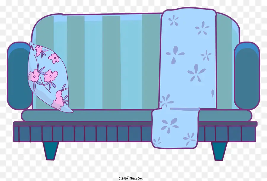 divano blu cuscino floreale rosa cuscino ordinatamente arrangiato gambe in legno rettangolare - Divano blu con ordinazione ordinata con cuscino rosa