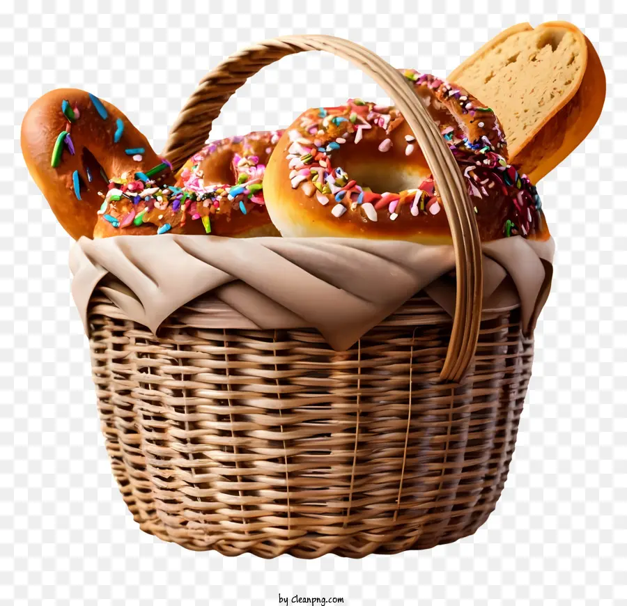 freshly baked doughnuts sprinkles on doughnuts frosting compartment basket of doughnuts scattered sprinkles