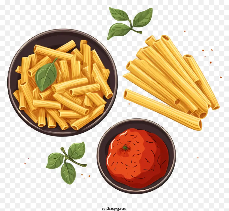 Pasta -Pasta -Sauce -Basilikumblätter italienische Küche Lebensmittelfotografie - Schüssel mit Nudeln mit Sauce und Basilikum