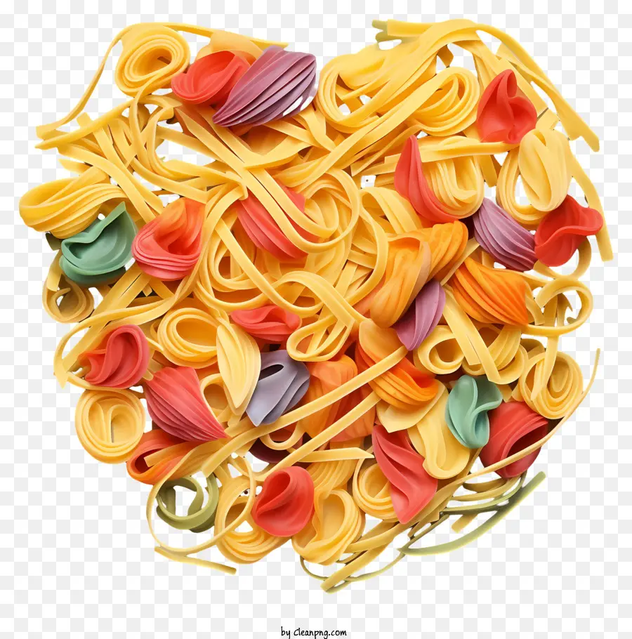 Herzförmige Nudeln Spaghetti-Muster verschiedene farbige Nudeln rote Spaghetti-Nudeln gelbe Spaghetti-Nudeln - Das Foto zeigt einen herzförmigen Haufen buntes Spaghetti