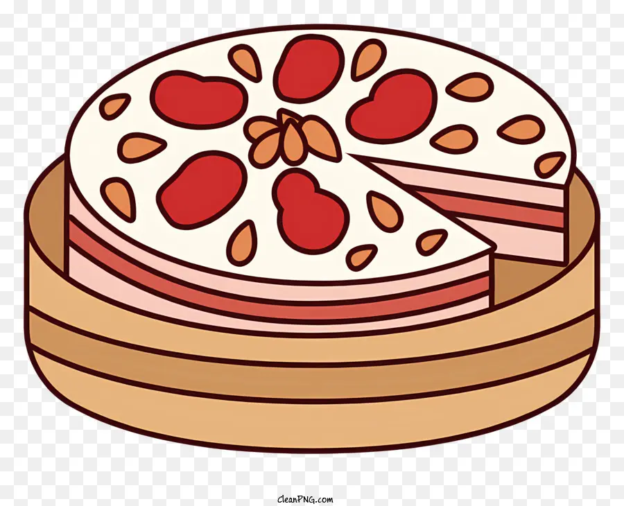 sfondo rosso - Torta con fragole, noci su piatto di legno. 
Illustrazione